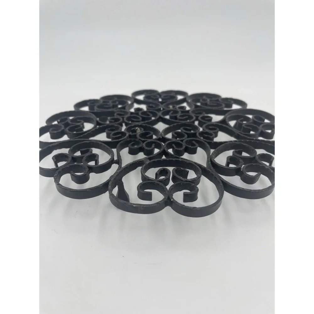 Vintage Footed Scroll Wrought Iron Black Trivet Hot Pad Or Riser for Plant Stand